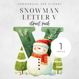 Kerst alfabet letter V clipart, ENKEL AFBEELDING muts sjaal sneeuwpop rood groen, aanwezig ornament aquarel digitale download 300DPI