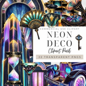 May include: A digital clipart pack featuring 22 neon deco illustrations. The pack includes a vintage car, a gramophone, a perfume bottle, a key, a fan, an hourglass, a martini glass, and an art deco building. The illustrations are in a vibrant color palette of blues, purples, and golds.