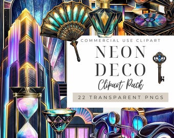 Clipart Art Déco, Gráficos Retro Vintage de Neón Nouveau, Reloj de Arena con Perfume y Abanico de Fiesta Gatsby de 1920, Descarga Instantánea de Teclas de Piano para Teatro, Tren y Coche