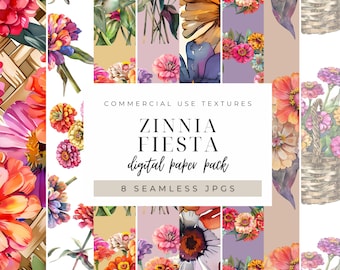 Zinnia Flower Digital Paper, Vibrant Garden Red Pink Orange Blooms, Botanical Multicolor Printable Patterns, Journal Seamless Backgrounds