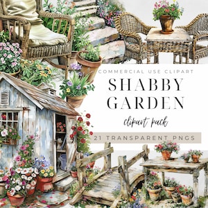 Puede incluir: Un paquete de clipart digital de 21 imágenes PNG transparentes que representan un jardín de estilo shabby chic con un puente de madera, un pequeño cobertizo, una mesa y sillas, y varias plantas en macetas con flores en tonos de rosa, morado, rojo y blanco.