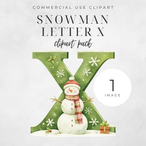 Christmas Alphabet Letter X Clipart, SINGLE IMAGE Snowman Sublimation, Gift Tag Ornament Watercolor Winter Digital Download 300DPI