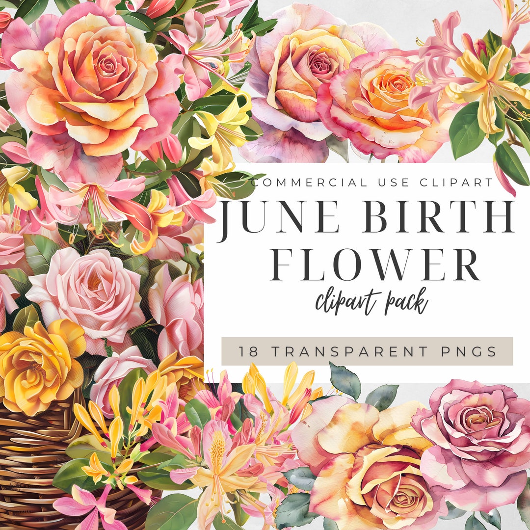 June Flower Sign June Birth Flower Clipart, Pink Yellow Roses Honeysuckle Wreath, Floral ...