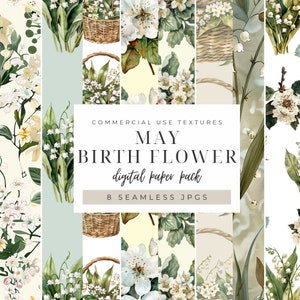 Papel digital de flor de nascimento de maio, presente para mamãe, gráficos personalizados de primavera sem costura, download instantâneo de padrões para impressão, fundos de aquarela
