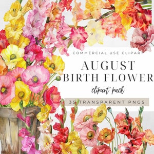 Naissance d'août fleur des cliparts, glaïeuls pavot graphiques floraux, bouquet commercial estival jardin, aquarelle anniversaire téléchargement immédiat