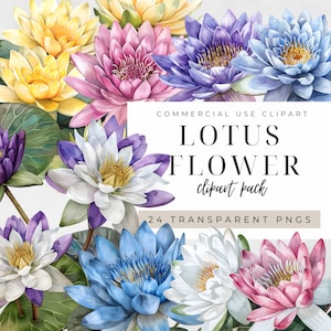 Roze lotusbloem clipart, aquarel blauw geel paarse tuin leliebladen, zomer vijver namaste commerciële bundel, Instant Download Botanicals