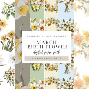 Papier numérique de fleurs de naissance de mars, jonquilles personnalisées sans couture, jonquilles florales, lot commercial de scrapbooking couronne de fleurs, motif anniversaire botanique