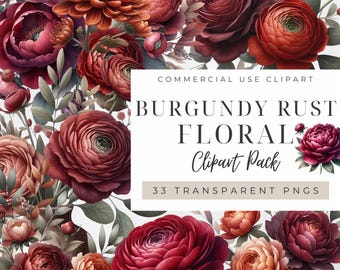 Burgundy Rust Flower Clipart, Fall Floral Watercolor, Autumn Bouquets, Boho Wedding Invite Peony Terracotta Vase Basket Instant Download