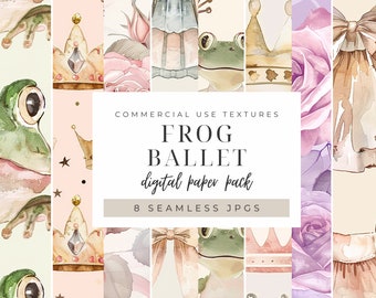 Netter Frosch-Digital-Papier, Pastellballerina-nahtlose Grafiken, Aquarellballett-Rosen druckbare Muster, lustige Tierhintergründe