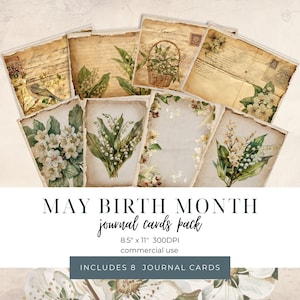 Cartes de journal indésirable de muguet, cadeau d'album imprimable d'anniversaire de mai, téléchargement immédiat de fleur d'aubépine, cartes postales anciennes florales