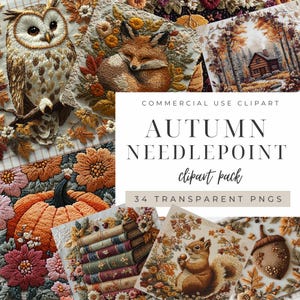 May include: A digital clipart pack containing 34 autumn needlepoint designs. The designs feature a variety of autumnal themes, including owls, foxes, squirrels, pumpkins, acorns, and books. The designs are all in a vintage style and are perfect for use in crafting projects.