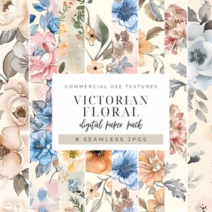 Victorian Floral Digital Paper, Pastel Vintage Seamless Graphics, Botanical Watercolor Roses Printable Patterns, Shabby Chic Backgrounds