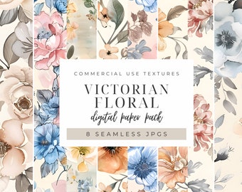 Victorian Floral Digital Paper, Pastel Vintage Seamless Graphics, Botanical Watercolor Roses Printable Patterns, Shabby Chic Backgrounds