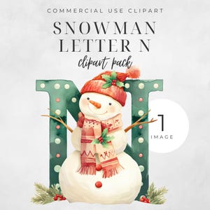 クリスマス アルファベット文字 N クリップアート、単一画像 お祝いの雪だるまスカーフ、ヒイラギのホリデー ツリー ボーブル 水彩 デジタル ダウンロード 300DPI