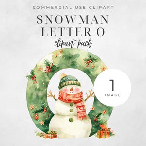 クリスマス アルファベット文字 O のクリップアート、単一画像 冬の雪だるまのスカーフ、ヒイラギの実のホリデー ツリーの飾り玉 水彩画 デジタル ダウンロード 300DPI