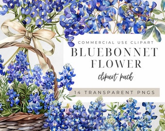 May include: A watercolor illustration of a bouquet of bluebonnet flowers in a wicker basket. The flowers are arranged in a loose, natural style, with some of the stems spilling out of the basket. The flowers are a vibrant blue, with green leaves and stems. The basket is brown and woven. The image is labeled "COMMERCIAL USE CLIPART BLUEBONNET FLOWER clipart pack 14 TRANSPARENT PNGS".