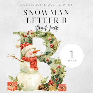 Christmas Alphabet Letter B Clipart, SINGLE IMAGE Cute Snowman Winter Art, Sublimation Holiday Tree Holly Watercolor Digital Download 300DPI