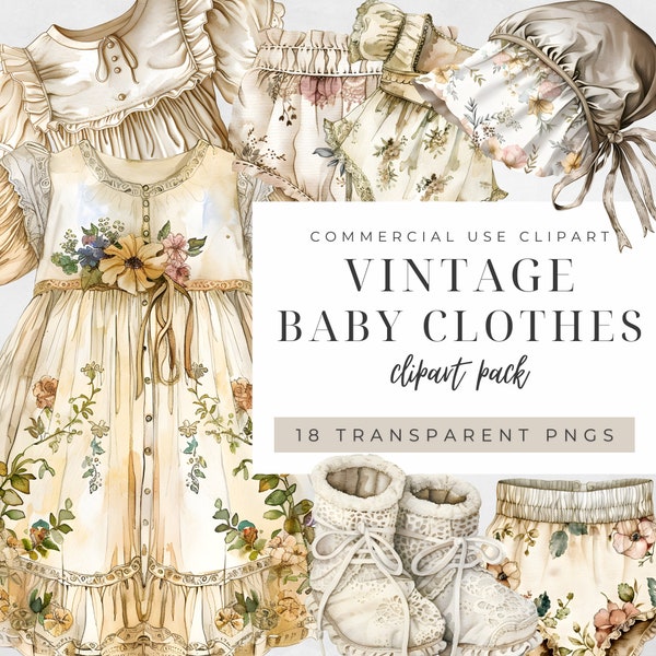 Boho Baby Clothes Clipart, Watercolor Vintage Victorian Children's Dress Undershirt, Baby Shoes Bonnets Commercial Bundle, Newborn Graphics