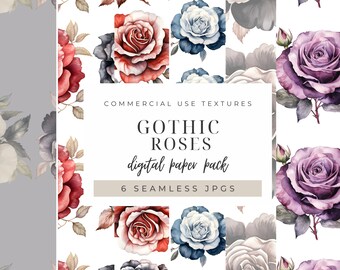 Papéis digitais de rosa gótica, conjunto personalizado de correspondência perfeita, pacote de uso comercial floral vintage escuro, conjunto de impressão floral de scrapbooking, 300dpi