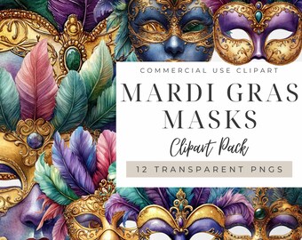 Clipart de Mardi Gras, máscara de carnaval adornada tradicional, fiesta festiva vibrante PNG, plumas doradas del barrio francés de Nueva Orleans, descarga instantánea