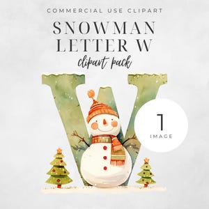 Christmas Alphabet Letter W Clipart, SINGLE IMAGE Snowman Sublimation, Gift Tag Ornament Watercolor Winter Digital Download 300DPI
