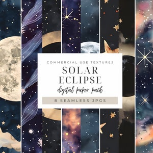 Papier numérique sur l'éclipse de soleil, graphismes transparents de la totalité des étoiles de la lune, motifs imprimables de l'espace comète vibrant, arrière-plans JPG du 8 avril