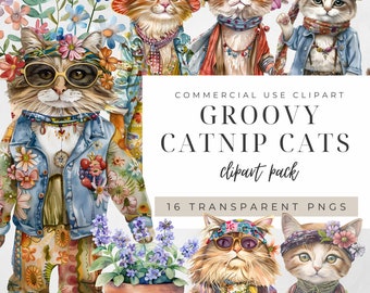 Cute Kitten Watercolor Clipart Funny Cat Clipart, Quirky Hippie Catnip Felines, Whimsical Pets Vintage Commercial Bundle, Goofy Art Graphics