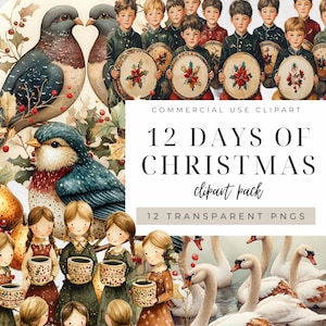 12 Tage Weihnachten Clipart, Rebhuhn Birnbaum Vögel Französische Henne goldene Ringe, Turteltauben sechs Gänse Schwäne, festlich Sofort Download
