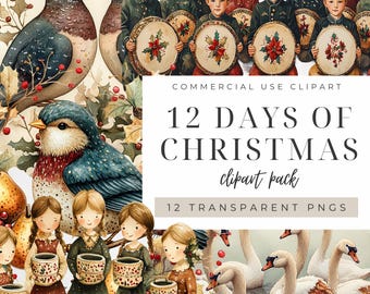 12 Days Christmas Clipart, Partridge Pear Tree Calling Birds French Hen Golden Rings, Turtle Doves six geese swans, Festive Instant Download