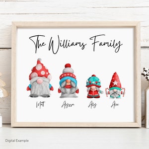 Personalized Family Christmas Gnome Print 8&quot; x 10&quot; | Watercolor Art Wall Hanging | Gift for mom, dad, grandparents, sister, brother, etc.
