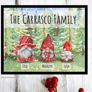 Personalized Family Christmas Gnome Print 8&quot; x 10&quot; | Watercolor Art Wall Hanging | Gift for mom, dad, grandparents, sister, brother, etc.