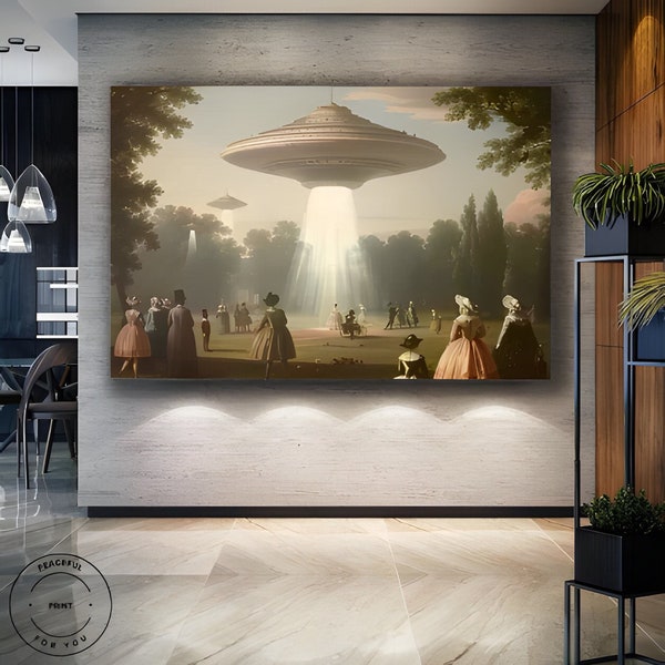 Victorian Landscape Funny Altered Art Print UFO Printable Wall Art Eclectic Print Alien Abduction Banksy Art Prints READY to FRAME