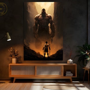 Könnte beinhalten: Ein digitaler Kunstdruck, der einen großen, muskulösen, braungefärbten Riesen mit einem Schwert zeigt, der in einer felsigen, bergigen Landschaft steht. Eine kleinere, menschengroße Figur mit einem Schwert steht vor dem Riesen und blickt zu ihm auf.
