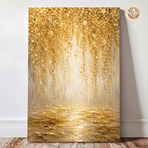 May include: A vertical rectangular canvas print featuring an abstract painting of cascading gold floral elements against a soft cream and white background. The composition displays textured golden petals hanging downwards, creating a shimmering effect.
