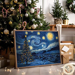 Starry Night Christmas, Christmas Tree Canvas, Pine Tree, Winter Decor, X-mas Print, Framed Canvas Ready To Hang Christmas Gift 77