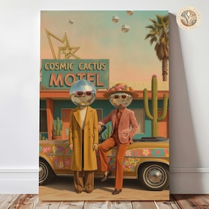 May include: A vertical art print depicting two figures with disco ball heads standing by a vintage convertible car in front of a Cosmic Cactus Motel sign. One figure wears a mustard coat, the other a pink suit and floral hat, with cacti nearby.