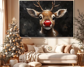 Rudolph Framed Print Cute reindeer decor Whimsical Christmas Playful art | Reindeer painting Reindeer Poster Rudolph Canvas Ready To Hang 81