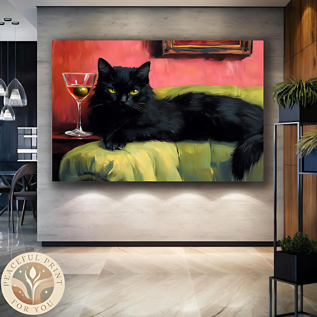 Black Cat With Martini Art Print | Cute Quirky Whimsical | Cocktail Art ...