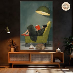 Cozy Reading Moment Canvas Red Shoes Wall Decor Woman On Green Chair Art Book Lover Art Oversized Statement Piece Framed Canvas 207