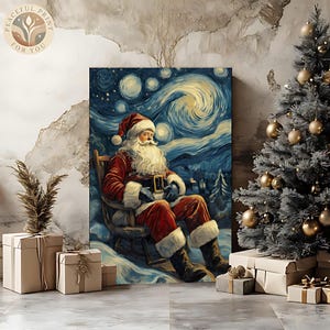 Starry Night Christmas, Santa Claus Canvas, Christmas Gift, Winter Decor Festive Art X-mas Print, Framed Canvas, Ready To Hang Wall Decor 78
