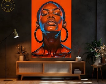 Mujer afro, arte de pared grande naranja, arte negro, arte pop, impresión abstracta, arte afroamericano, arte de pared para sala de estar, póster de arte moderno de mujeres 36