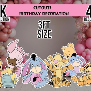 May include: A set of Winnie the Pooh character cutouts for birthday decoration, featuring Pooh, Piglet, Eeyore, and Tigger. The text reads 4K RESOLUTION, CUTOUTS BIRTHDAY DECORATION, and 3FT SIZE. The characters are displayed against a pink balloon arch.