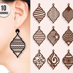 May include: Ten different designs for laser cut earrings. Each earring is a teardrop shape with a different geometric pattern. The earrings are brown.