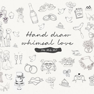 Whimsical Wedding SVG Clipart Bundle with Illustrations, Icons, Menu, Bridal Invites, Wavy Squiggle Borders  Doodles for Wedding Invitations