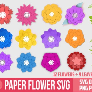 Paper flower SVG, Paper flower & leaf SVG bundle, 3d flower svg, Paper Flower Template, Digital files,