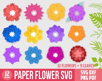 Fleur en papier SVG, lot de fleurs en papier et feuille SVG, svg fleur 3D, modèle de fleur en papier, fichiers numériques,