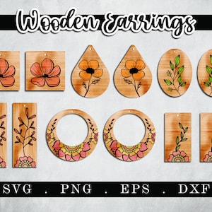 Paquete de pendientes de madera SVG, pendientes cortados con láser SVG, diseño de pendientes cortados con láser, pendientes de botón grabados, pendientes de lágrima SVG, joyería de madera
