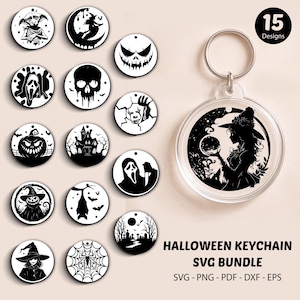 May include: A Halloween keychain SVG bundle featuring 15 designs. The designs include a witch, a skull, a pumpkin, a haunted house, and other spooky images. The keychain is round and clear, with a silhouette of a witch holding a crystal ball. The text "HALLOWEEN KEYCHAIN SVG BUNDLE" is also included.