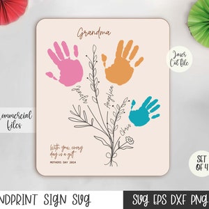 SVG Mother's Day Handprint Sign, Wood Handprint Bouquet, Wooden Kids Gift for Mom Grandma, Glowforge Laser Cutting Files