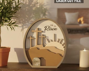 Resurrection Easter Egg Decor, He is Risen Laser cut file, Tiered Tray Decor, Religious Easter Decoration Gifts, Christian Wood Cross SVG
